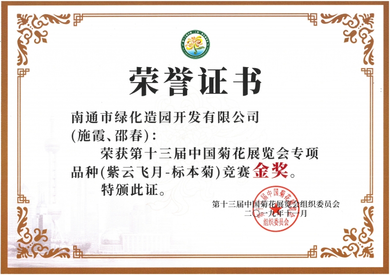 十三屆中國菊花展覽會專項品種（紫云飛月-標本菊）競賽金獎（施霞、邵春）